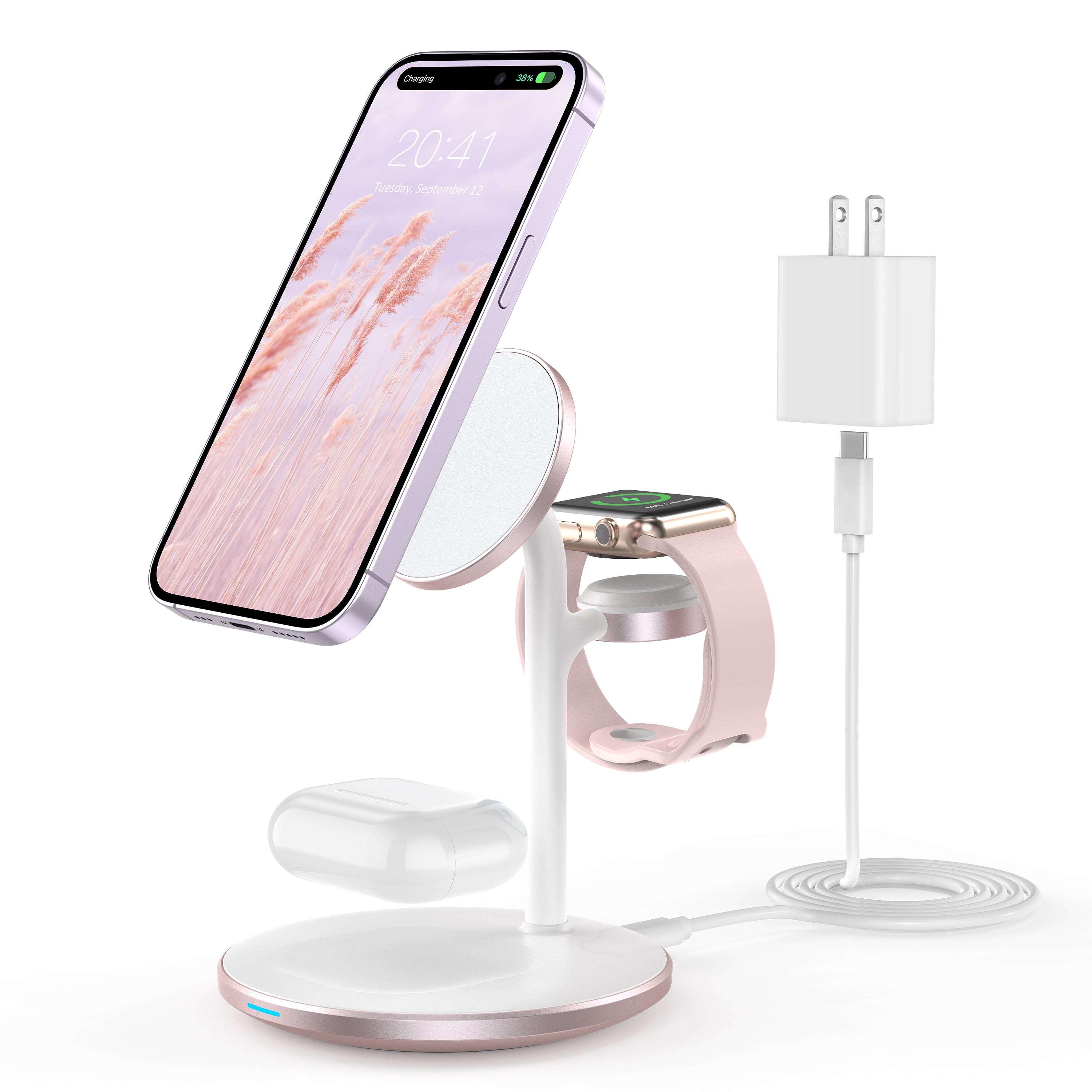XooFly 3 in 1 Wireless Charging Station for Apple Devices, Fast Wireless Mag-Safe Charger Stand with 20W Adapter for iPhone 17 16 15 14 13 12 Pro Max/Air/Plus/Pro,iWatch,AirPods-Gift for Wife&Husband