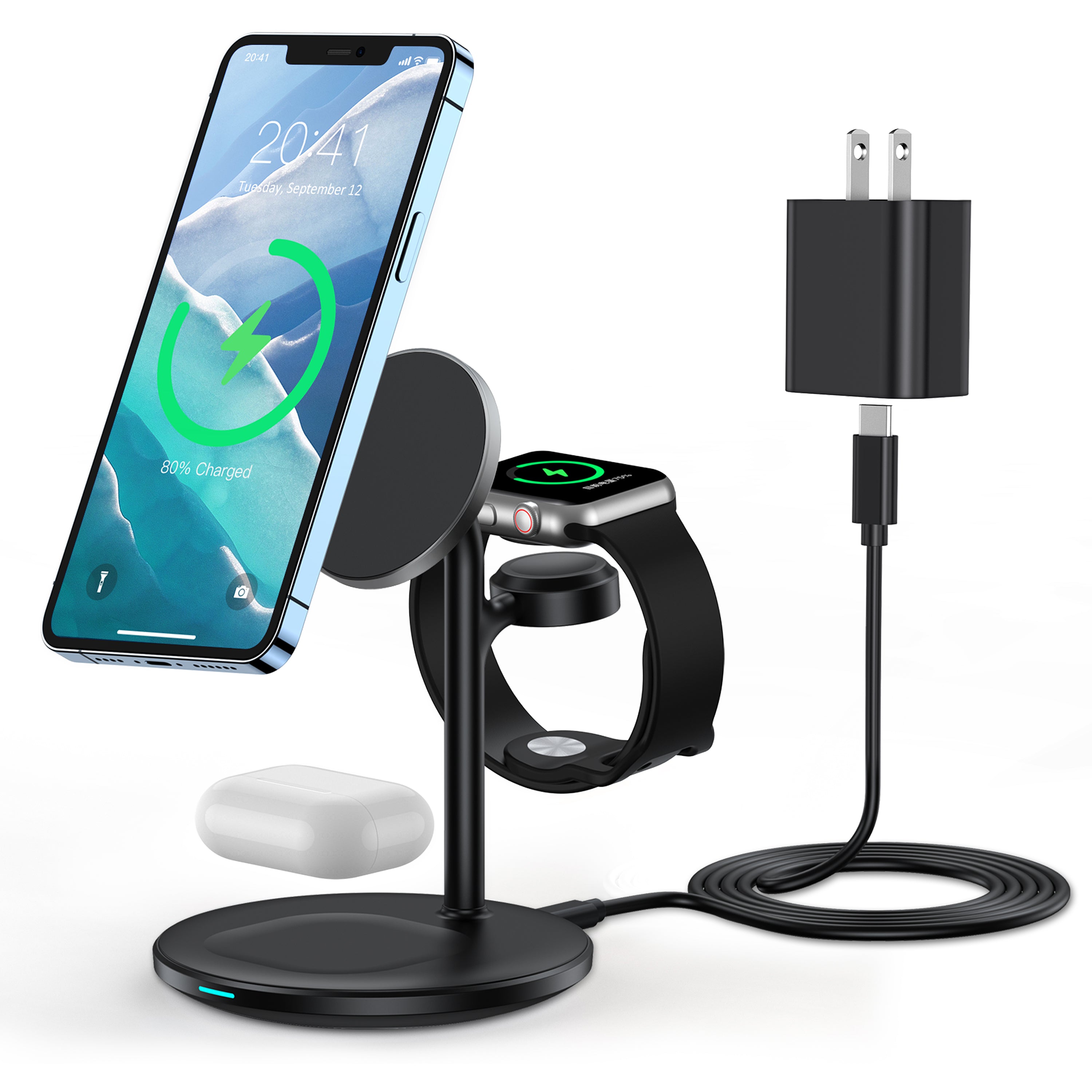 XooFly 3 in 1 Wireless Charging Station for Apple Devices, Fast Wireless Mag-Safe Charger Stand with 20W Adapter for iPhone 17 16 15 14 13 12 Pro Max/Air/Plus/Pro,iWatch,AirPods-Gift for Wife&Husband