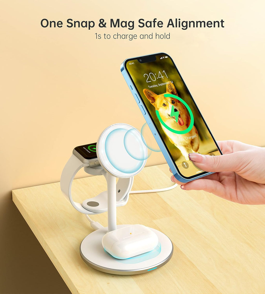 XooFly 3 in 1 Wireless Charging Station for Apple Devices, Fast Wireless Mag-Safe Charger Stand with 20W Adapter for iPhone 17 16 15 14 13 12 Pro Max/Air/Plus/Pro,iWatch,AirPods-Gift for Wife&Husband